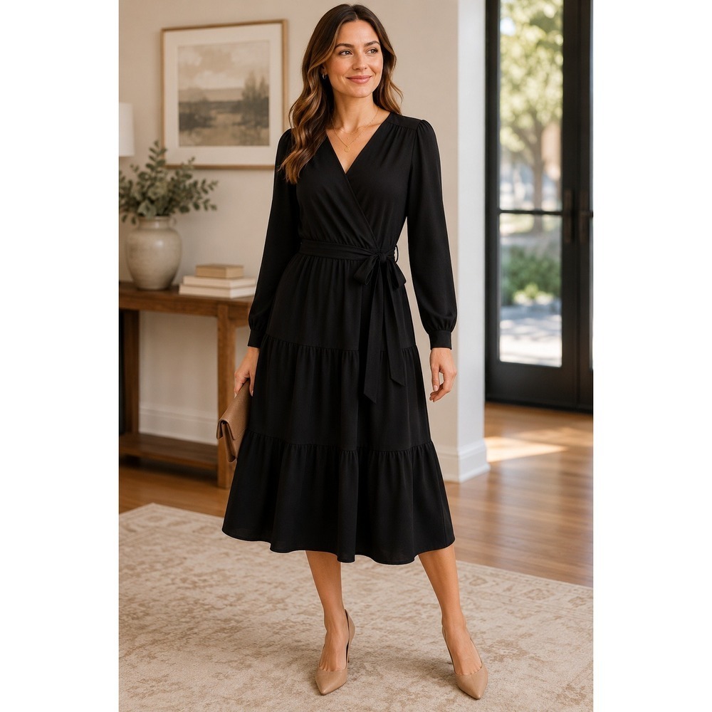 Boden Black Wrap Midi Dress 8R NWT Tie Waist Tiered Long Sleeve Work Dress